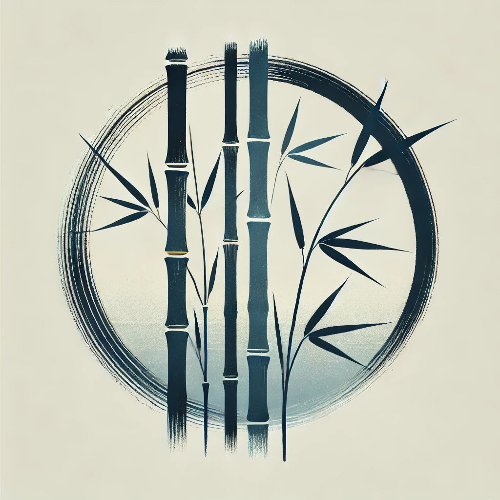 Minimalist illustration of blue bamboo stalks and leaves in a circular brushstroke frame.