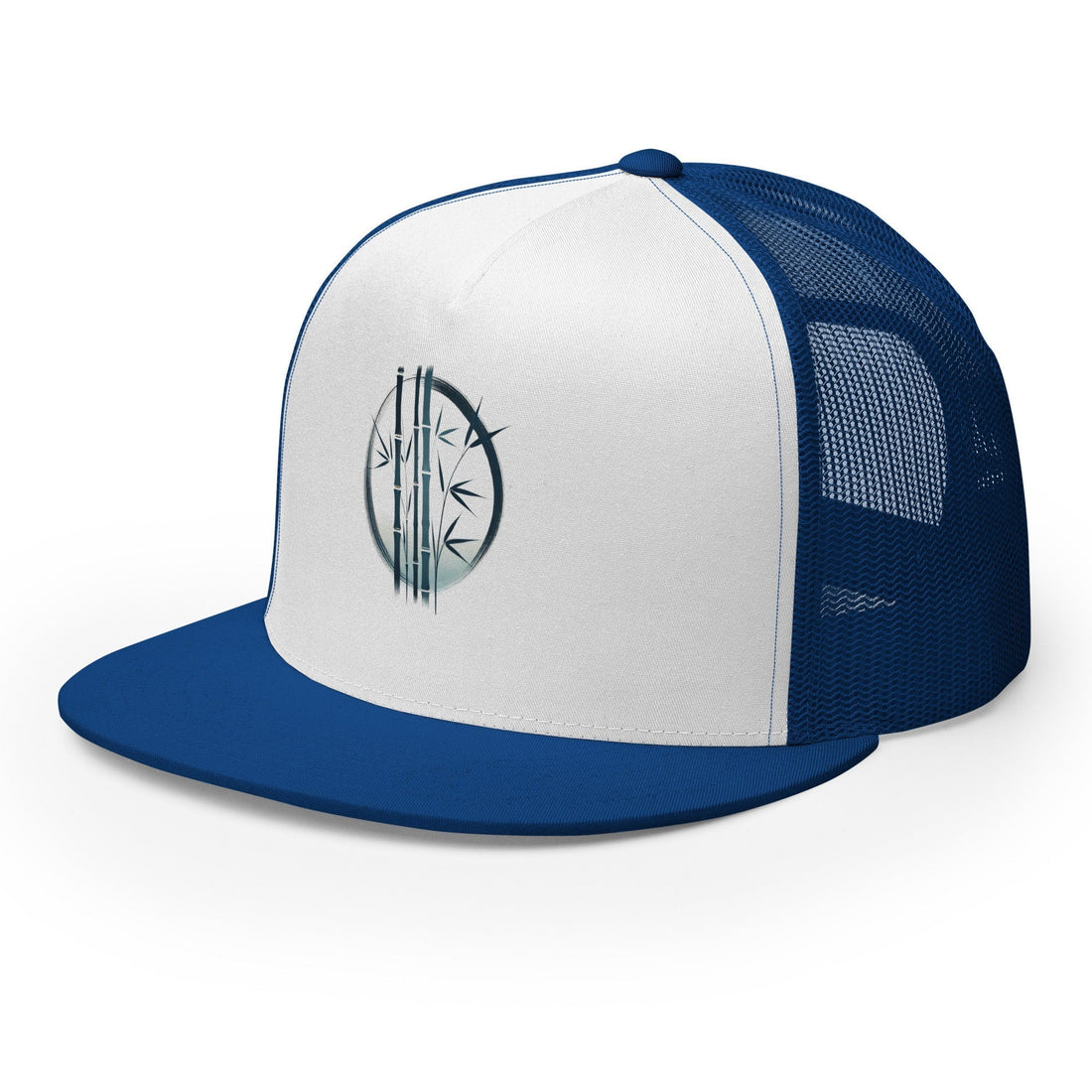 Blue and white 5-panel trucker cap with bamboo graphic and mesh back, front left view