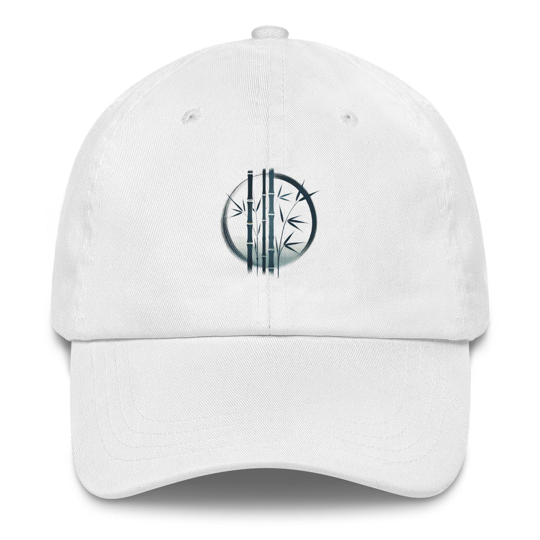 White dad hat with minimalist bamboo design embroidered on the front, stylish accessory