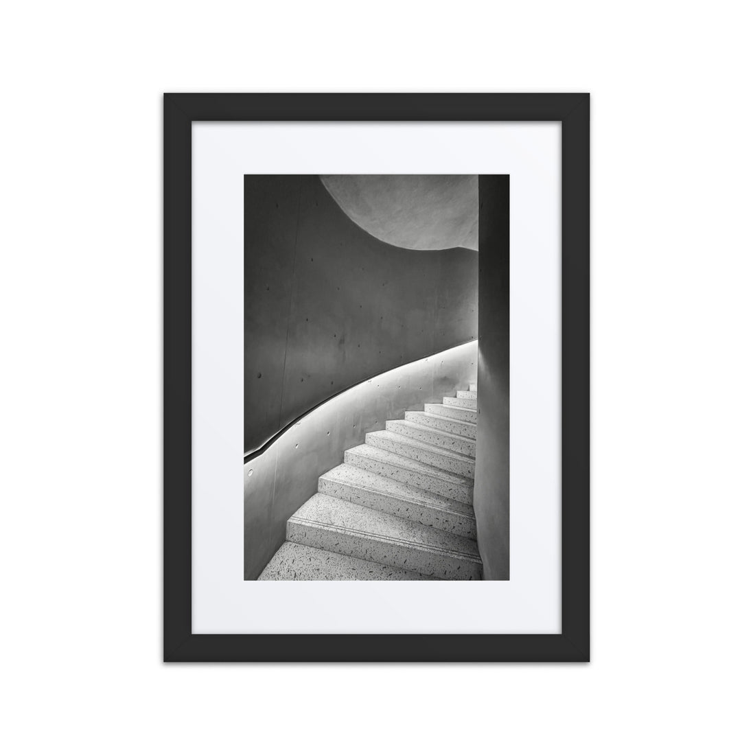 Modern black and white staircase photo in minimalist black framed wall art
