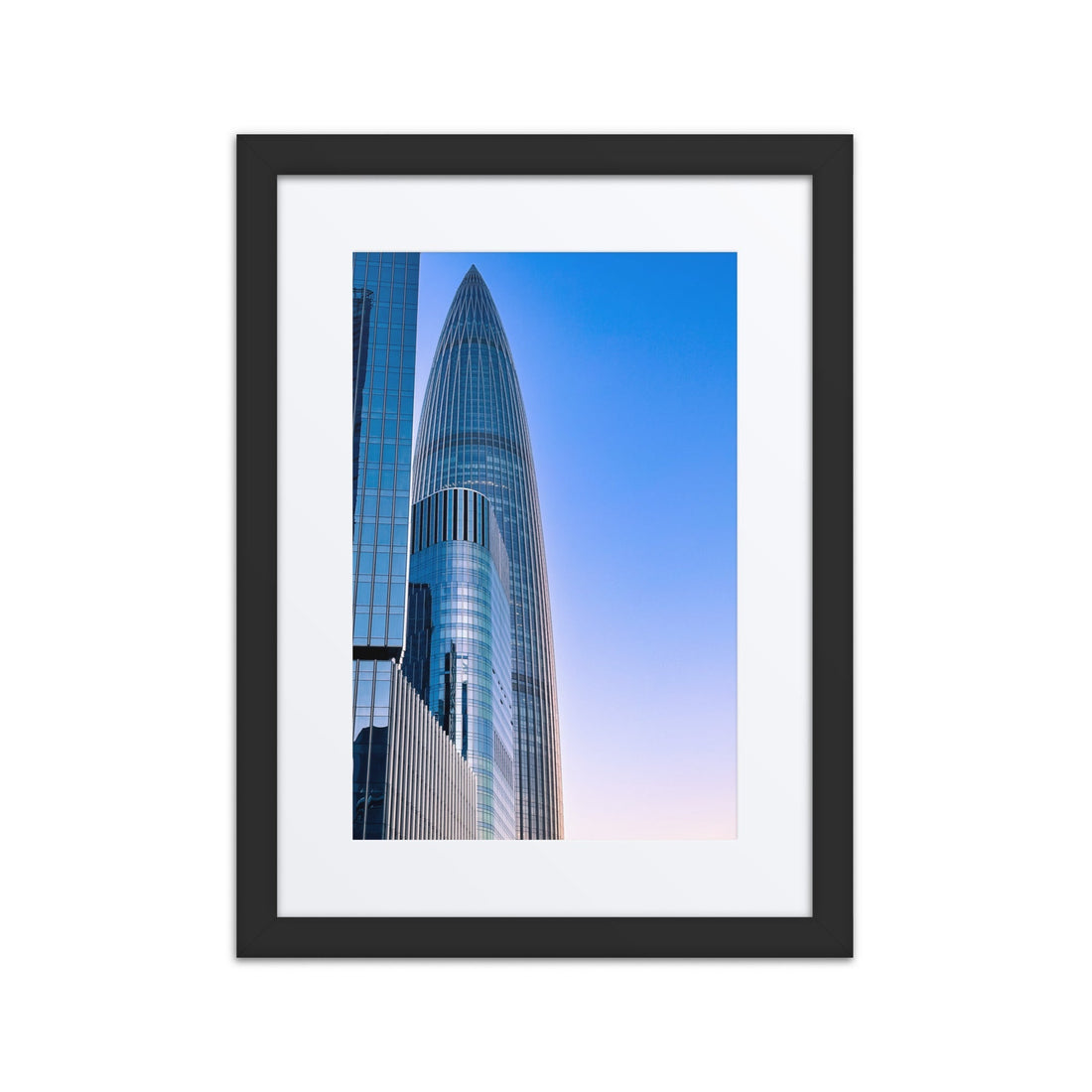 Modern city skyscraper photograph in black matte frame, minimalist wall art decor